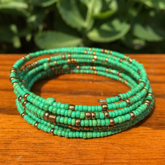 Beaded Coil Bracelet - Green and Gold